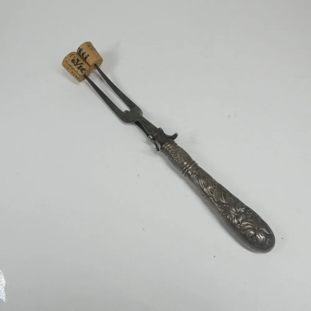 Meat Roast Carving Fork Repousse Floral Handle Vintage Silverplate